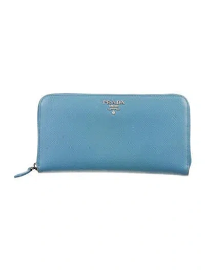Pre-owned Prada Saffiano Cuir Leather Continental Wallet In Blue