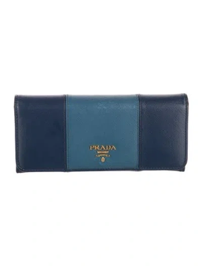 Pre-owned Prada Saffiano Cuir Leather Continental Wallet In Blue