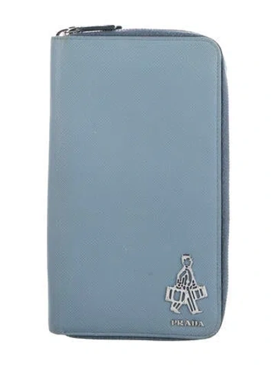 Pre-owned Prada Saffiano Cuir Leather Continental Wallet In Blue