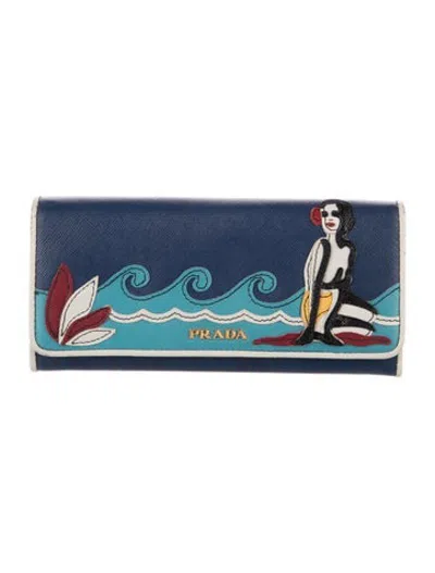 Pre-owned Prada Saffiano Cuir Leather Continental Wallet In Blue