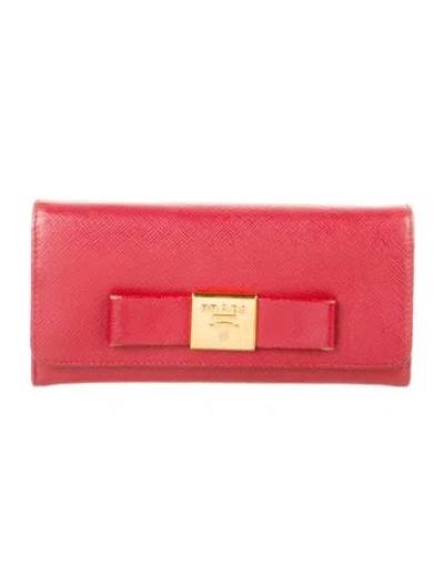 Pre-owned Prada Saffiano Cuir Leather Continental Wallet In Red
