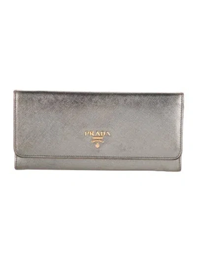Pre-owned Prada Saffiano Cuir Leather Continental Wallet In Silver