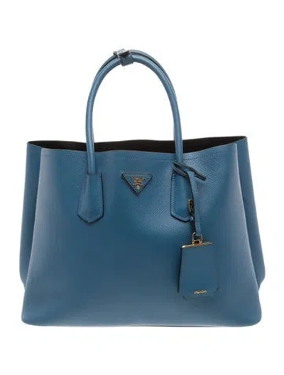 Pre-owned Prada Saffiano Cuir Leather Double Tote Medium In Blue