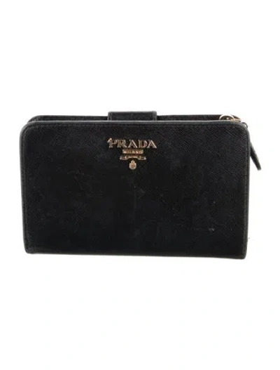 Pre-owned Prada Saffiano Cuir Leather French Purse In Black