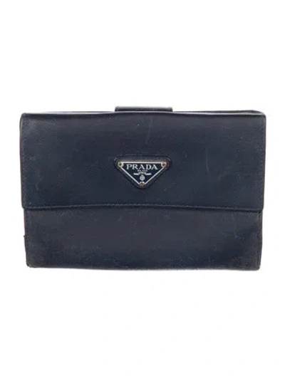 Pre-owned Prada Saffiano Cuir Leather French Purse In Blue