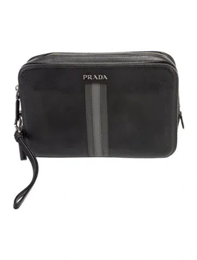 Pre-owned Prada Saffiano Cuir Leather Pouch In Black