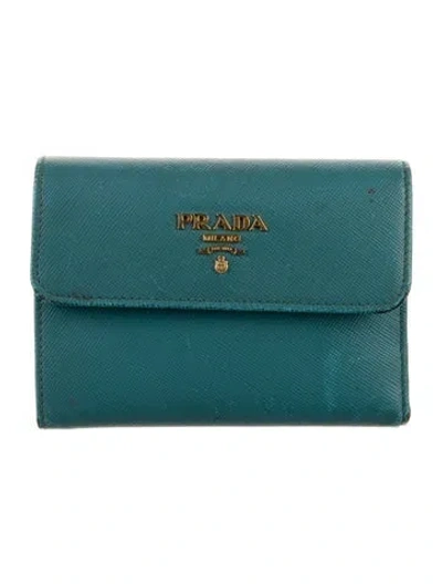Pre-owned Prada Saffiano Cuir Leather Wallet In Blue