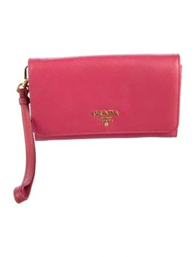 Pre-owned Prada Saffiano Cuir Leather Wristlet In Pink