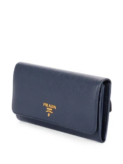 Pre-owned Prada Saffiano Flap Continental Wallet In Blue