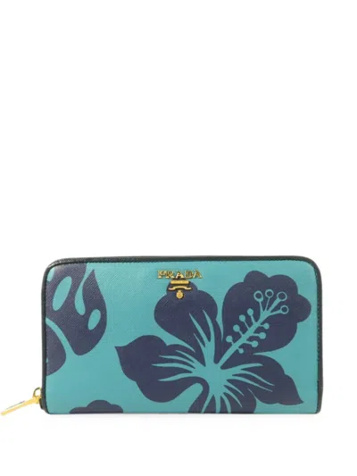 Pre-owned Prada Saffiano Floral-print Wallet In Blue