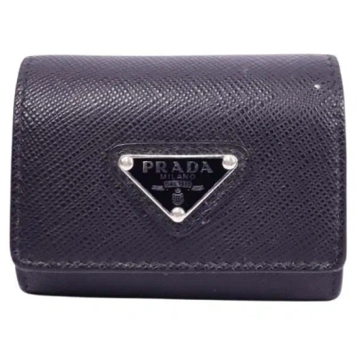 Pre-owned Prada Saffiano Leather Airpods Case With Clip In Black