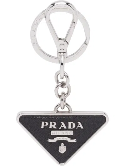 Prada Saffiano Leather And Metal Keychain Accessories In Gray