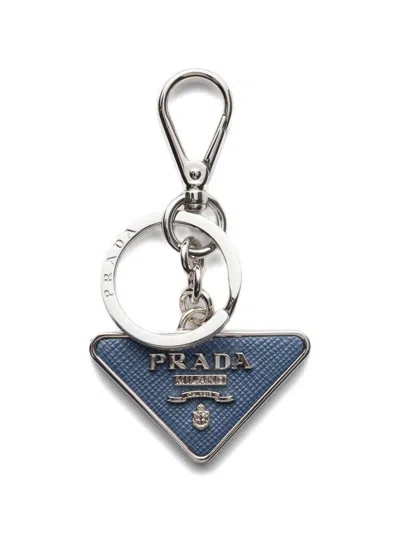 Prada Saffiano Leather And Metal Keychain In Blue