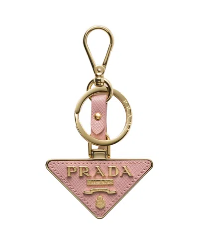 Prada Saffiano Leather And Metal Keychain In Pink