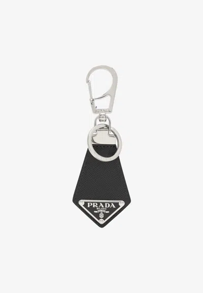 Prada Saffiano Leather  And Metal Logo Keychain In Black