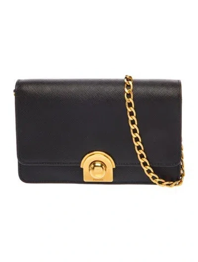 Pre-owned Prada Saffiano Leather Arcade Wallet On Chain Mini In Black