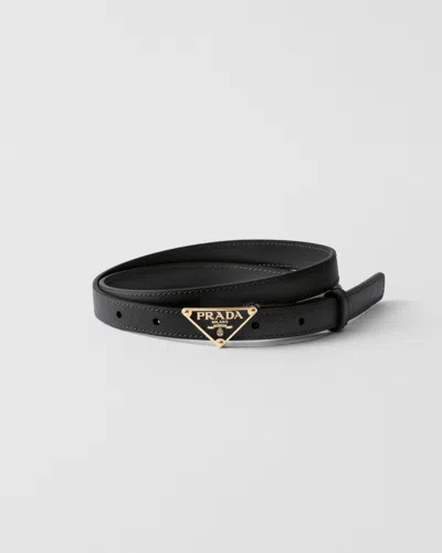 Prada Gold Metal Buckle Saffiano Leather Belt In Black
