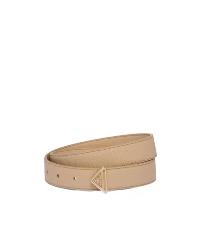 Prada Saffiano Leather Triangle Belt In Beige
