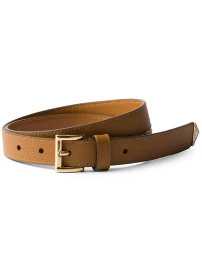 Prada Saffiano Leather Belt With Enameled Triangle Logo In Brown