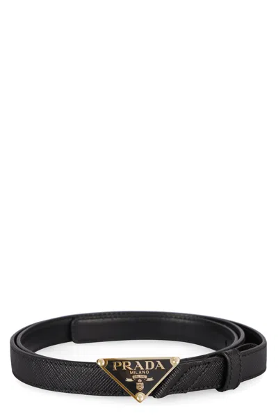 Prada Saffiano Leather Belt With Triangle Logo Buckle In Black