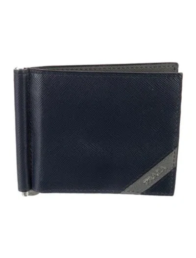 Pre-owned Prada Saffiano Leather Bifold Wallet In Blue