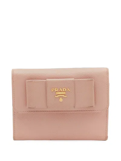 Pre-owned Prada Saffiano Leather Bow Wallet In Pink