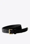 Prada Women Saffiano Leather Belt With Enameled Triangle Logo In Black