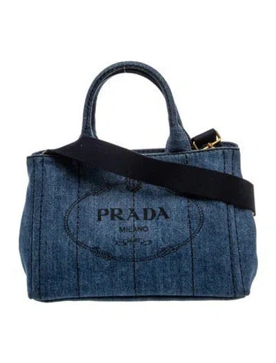 Pre-owned Prada Saffiano Leather Canapa Denim 2way Tote Bag In Blue