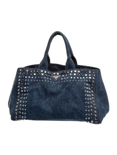 Pre-owned Prada Saffiano Leather Canapa Denim Tote In Blue