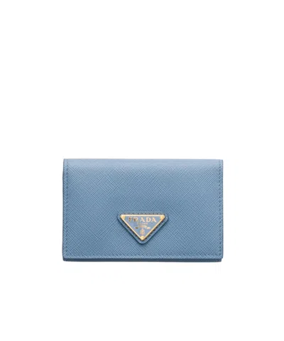 Prada Saffiano Leather Card Holder In Blue