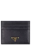 Prada Triangle Logo Saffiano Leather Zip Cardholder In Black