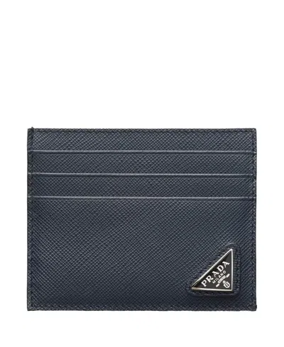 Prada Saffiano Leather Card Holder In Blue