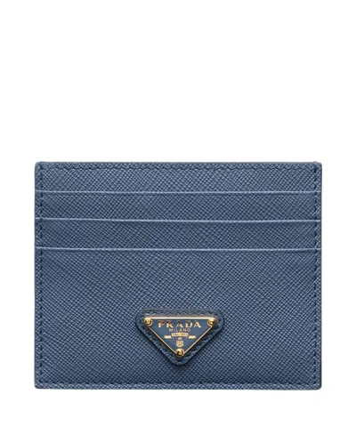 Prada Saffiano Leather Card Holder In Blue
