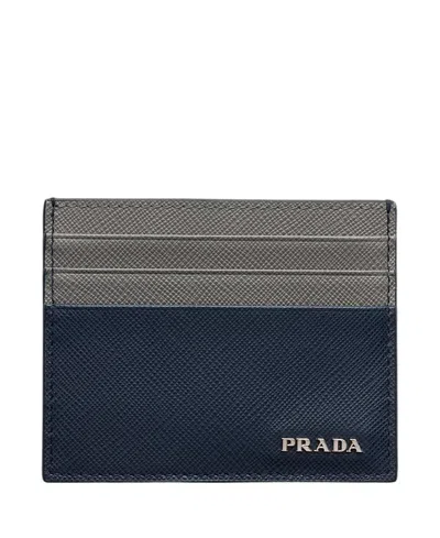 Prada Saffiano Leather Card Holder In Blue
