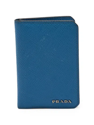 Pre-owned Prada Saffiano Leather Card Holder In Blue
