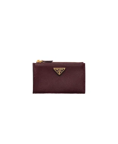 Prada Saffiano Leather Card Holder In Burgundy