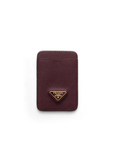 Prada Saffiano Leather Card Holder In Burgundy