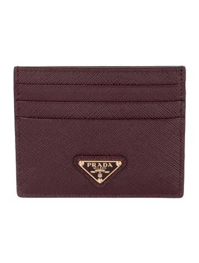 Pre-owned Prada Saffiano Leather Card Holder In Burgundy