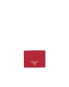 Prada Logo Saffiano Leather Card Case In Fiery Red