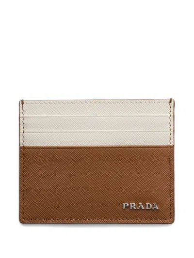 Prada Mens Brown Logo-plaque Saffiano Leather Card Holder