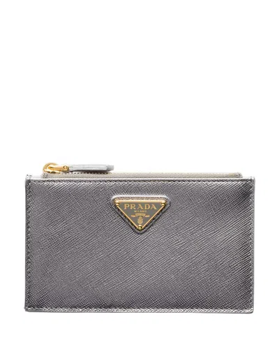 Prada Saffiano Leather Card Holder In Silver