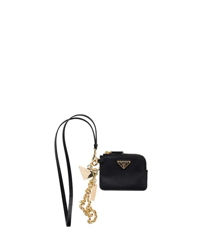 Prada Saffiano Leather Card Holder With Shoulder Strap In Black