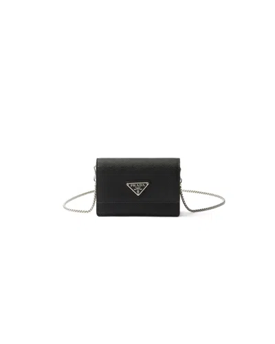 Prada Saffiano Leather Card Holder With Shoulder Strap In Black