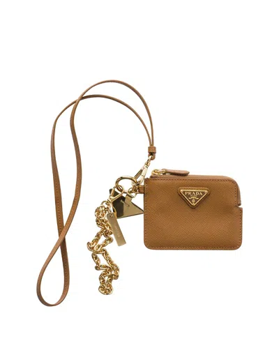 Prada Saffiano Leather Card Holder With Shoulder Strap In Brown