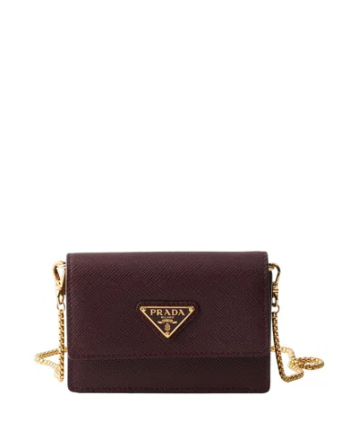 Prada Saffiano Leather Card Holder With Shoulder Strap In Burgundy