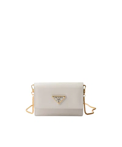 Prada Saffiano Leather Card Holder With Shoulder Strap In Neutral