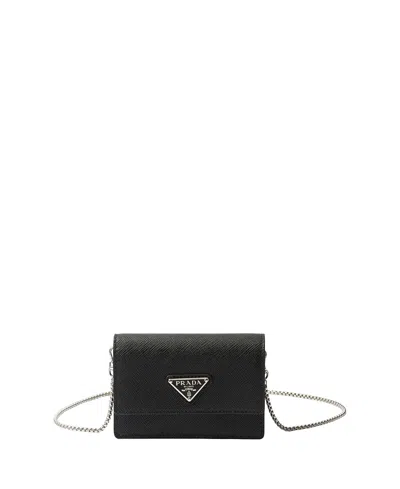 Prada Saffiano Leather Card Holder With Shoulder Strap In Black