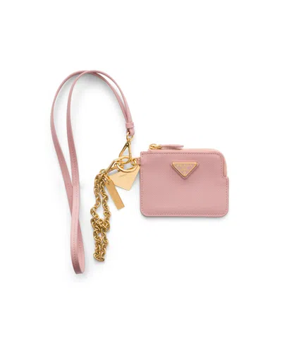 Prada Kartenetui Aus Saffiano-leder Mit Schulterriemen In Pink