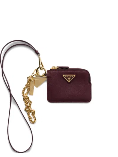 Prada Saffiano Leather Card Holder With Shoulder Strap In Burgundy