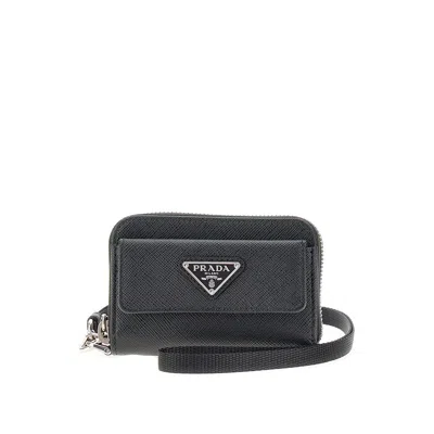 Prada Saffiano Leather Cardholder Pouch With Strap In Black
